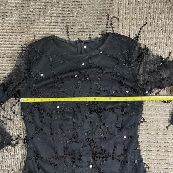 Sequin Tassel Fringe Detail Long Sleeve Dress Black - Picture 3 of 6